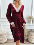 Women's Autumn Winter Contrasting Color Lace Velvet Patchwork Elegant Casual Dress