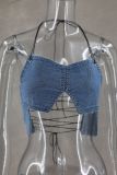 Sexy Fashion Spring Summer Sleeveless Denim Strapless Strap Blue Vest
