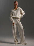 Solid Color Turndown Collar Knitting Sweater Straight Wide-Leg Pants Two-Piece Set
