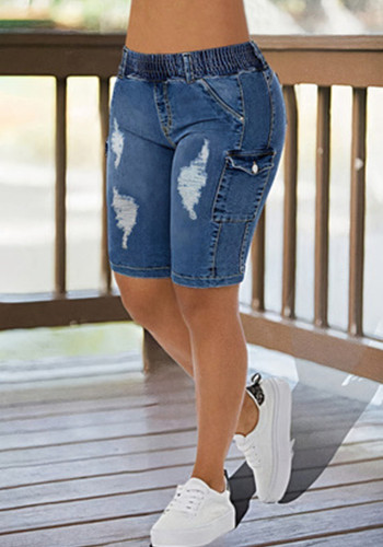Elastic Tight Fitting Denim Elastic Waist Pocket Ripped Knee-Length Shorts