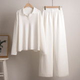 Solid Color Turndown Collar Knitting Sweater Straight Wide-Leg Pants Two-Piece Set