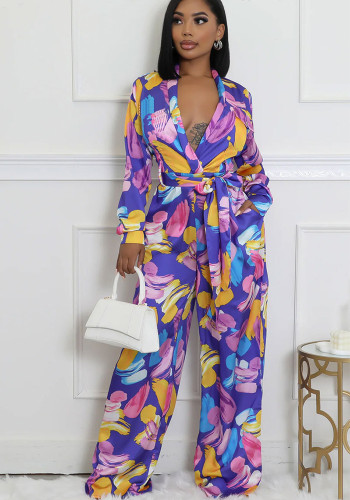 Women's Fashion Printed Long Sleeve High Waist Casual Wide Leg Jumpsuit