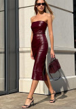Women's Autumn Winter Sexy Strapless Pu Leather Solid Color Chic Slit Slim Dress