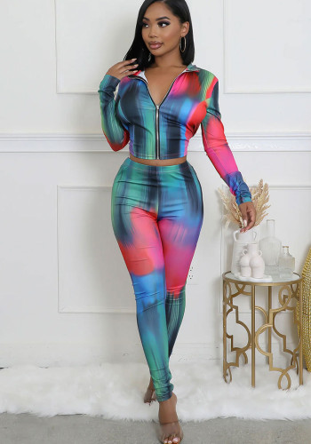 Fashionable Autumn Print Zipper Long Sleeve Slim Fit Two-Piece Pants Set