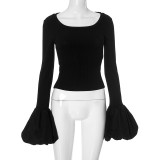 Women Fall Round Neck Patchwork Puff Sleeve Elegant Top