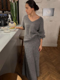 Autumn Winter Lazy V-Neck Sweater Fishtail Skirt Two Piece Set