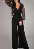 Fashionable Women's V-Neck Mesh Patchwork Rivet Long Sleeve Loose Jumpsuit