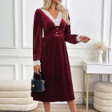 Women's Autumn Winter Contrasting Color Lace Velvet Patchwork Elegant Casual Dress