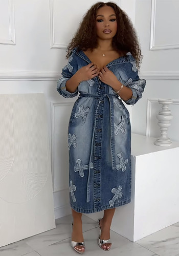 Women's Autumn Winter Street Fashion Cross Embroidery Long Denim Jacket