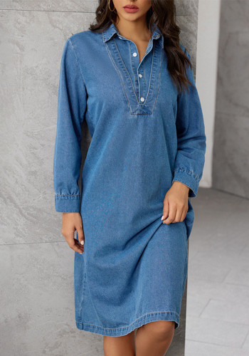 Chic Turndown Collar Long Sleeve Autumn Winter Loose Shirt Denim Dress
