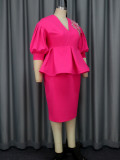 Women V-neck Lantern Sleeve Embroidered Dress