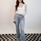 Women See-Through Mesh sexy lace solid long-sleeved top