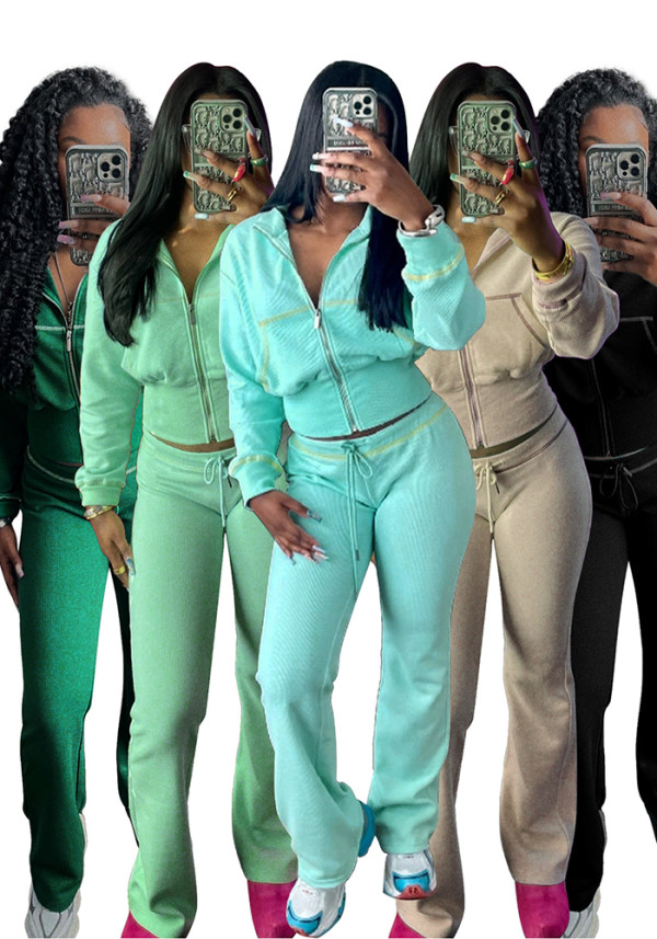 Women casual zipper long sleeve hoodies and pant two-piece set