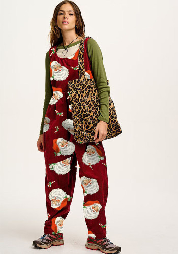 Women Christmas Ribbed Pocket Loose-Cut Bib Pants