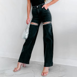 Women Ripped Wide-Leg Denim Pants