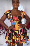 Women Printed Square Neck Sexy Short-Sleeved Dress