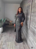 Women Long-Sleeved See-Through Mesh Beaded Sexy Bodycon Dress