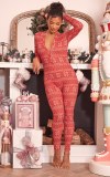 Women Christmas Printed Long Sleeve Casual Jumpsuit
