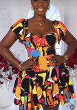 Women Printed Square Neck Sexy Short-Sleeved Dress