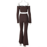 Women Off Shoulder long-sleeved Top Bell Bottom Pant two-piece set