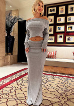 Women Winter Solid Long Sleeve Off Shoulder Turndown Collar Top and Skirt Two-piece Set