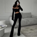 Women Off Shoulder long-sleeved Top Bell Bottom Pant two-piece set