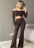 Women Off Shoulder long-sleeved Top Bell Bottom Pant two-piece set