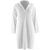 Plus Size Women summer white half-open collar long-sleeved dress