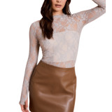 Women See-Through Mesh sexy lace solid long-sleeved top