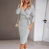 Women autumn and winter v-neck long sleeve knitting lace-up dress