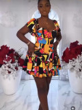 Women Printed Square Neck Sexy Short-Sleeved Dress