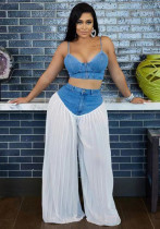 Women Suspender V-neck Vest Pleated Denim Patchwork Pants Two-piece Set Women Suspender V-neck Vest Pleated Denim Patchwork Pants Two-piece Set