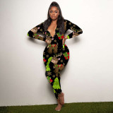 Christmas Women casual printed long sleeve jumpsuit