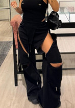 Women Patchwork Zipper Straight Bell Bottom Pants