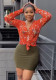 Women Printed Long-Sleeved V-Neck Top Solid Skirt Two-Piece Set