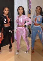 Women Digital Sexy Lace-Up Cut Out Long Sleeve Top and Pants Two-piece Set Women Digital Sexy Lace-Up Cut Out Long Sleeve Top and Pants Two-piece Set