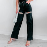 Women Ripped Wide-Leg Denim Pants