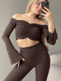 Women Off Shoulder long-sleeved Top Bell Bottom Pant two-piece set