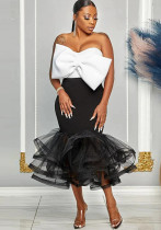 Women Sexy Contrast Strapless Off-Shoulder Bowknot Mesh Bodycon Skirt Two-Piece Set Women Sexy Contrast Strapless Off-Shoulder Bowknot Mesh Bodycon Skirt Two-Piece Set