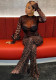 Women Mesh See-Through Sexy Jumpsuit Winter Long Sleeve Print Bell Bottom Pants