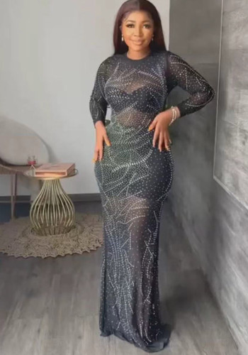 Women Long-Sleeved See-Through Mesh Beaded Sexy Bodycon Dress