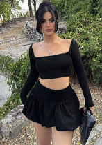 Women Long Sleeve Top and Pleated Skirt Winter Solid Sexy Two-piece Set Women Long Sleeve Top and Pleated Skirt Winter Solid Sexy Two-piece Set