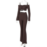 Women Off Shoulder long-sleeved Top Bell Bottom Pant two-piece set