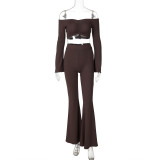 Women Off Shoulder long-sleeved Top Bell Bottom Pant two-piece set