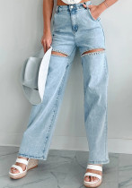Women Ripped Wide-Leg Denim Pants