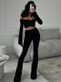Women Off Shoulder long-sleeved Top Bell Bottom Pant two-piece set