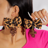 Women leopard print fabric earrings geometric round earrings imitation gemstone inlaid earrings