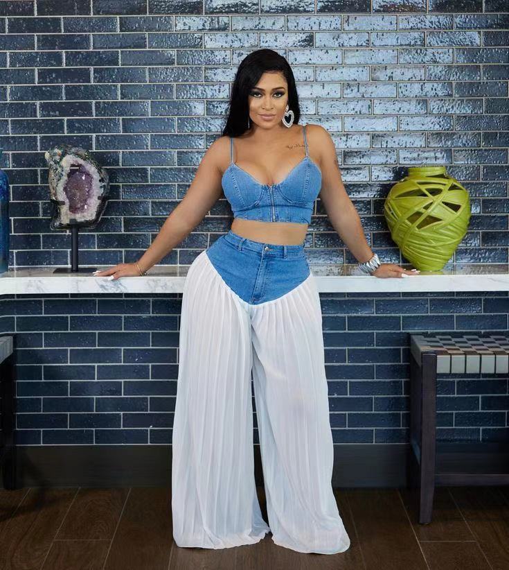 Women Suspender V-neck Vest Pleated Denim Patchwork Pants Two-piece Set