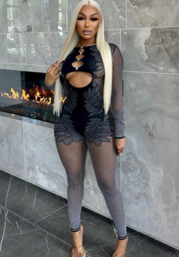 Women Solid Strapless long-sleeved hollow sexy Jumpsuit