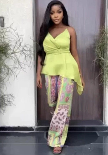 Women Suspender Irregular Top Printed Pants Two-piece Set